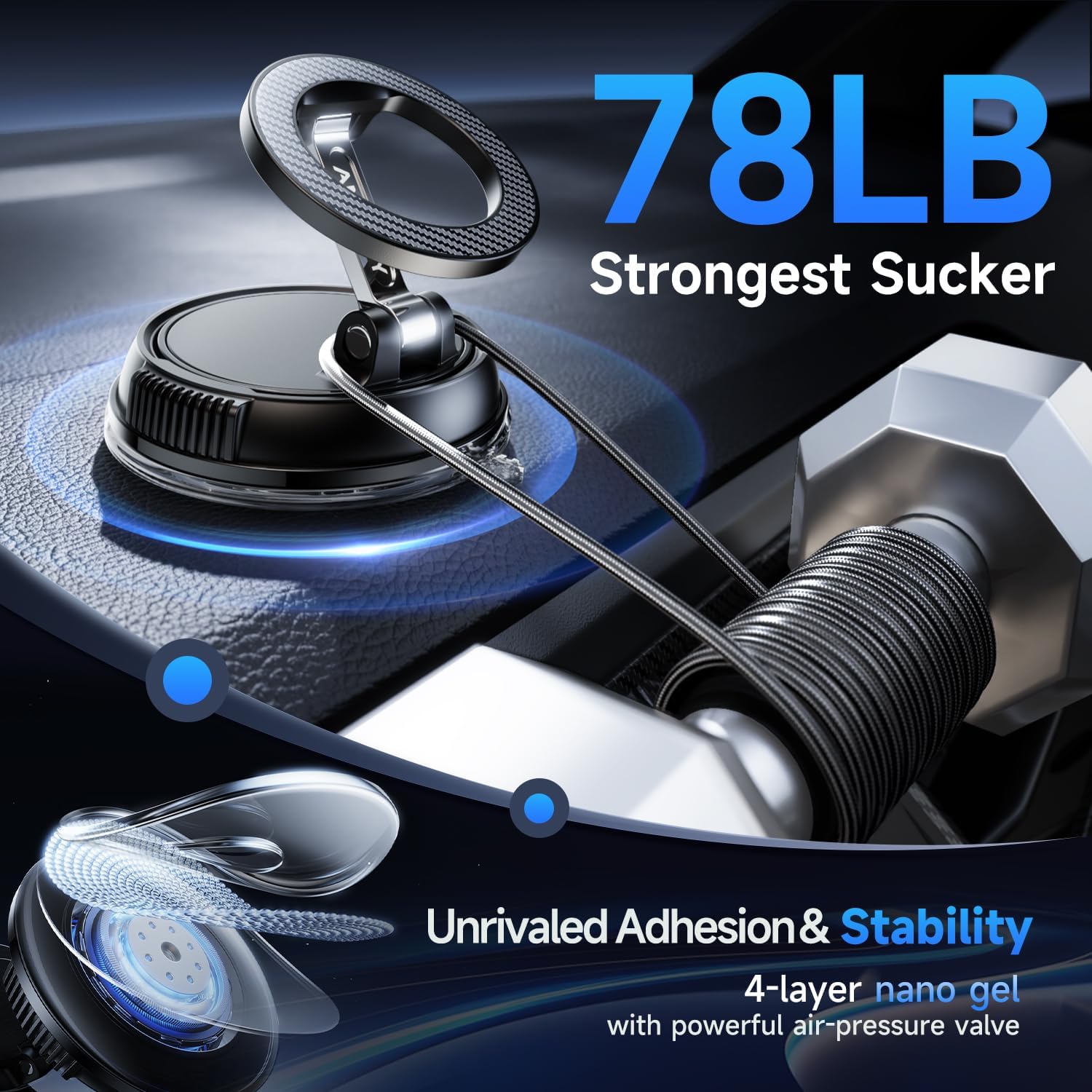 ANDERY Car Phone Holder for Magsafe [78+LBS Strongest Suction & 2400gf Magnetic] 360° Adjustable Car Phone Mount, Phone Holders for Your Car for iPhone 17 Pro Max 16 15 14 13 12 Air Plus, Carbon Fiber